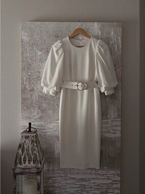 Calvin Klein Cream Puff-Sleeve Midi Dress with Belt